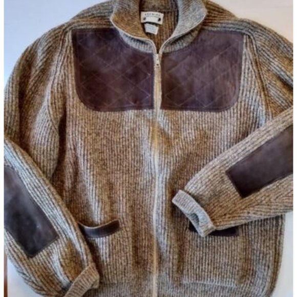 Brenire Scotland 100% Wool Full Zip Sweater Leather Accents Men’s Size Medium - Picture 1 of 4